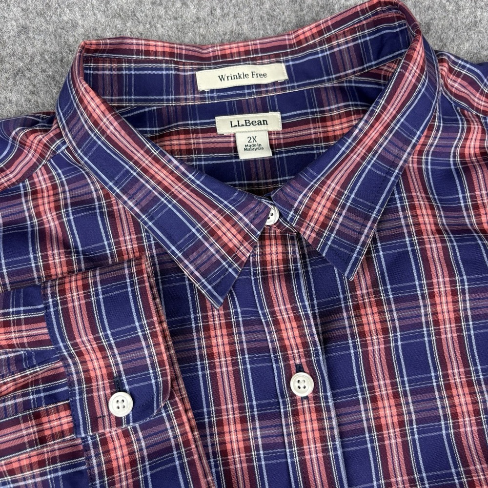 Ll Bean Shirt Women's 2x Plaid Red Blue Button Down Wrinkle Free Casual Business
